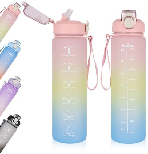 Fodlon Gourde Sport 1 Litre, Bouteille d'eau Sport avec Paille, Étanche Gourde Motivation avec Marqueur Temps, Grande Bouteilles eau Plastique Reutilisable, Bouteille Fitness Gym Femme Homme (Rose)