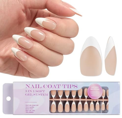 DMQ French Tip Press On Nails, 300Pcs Almond False Nails Short, Nude Oval X-coat Fake Nails with Glue, Full Cover Stick On Nail for Women French White Tip Nail Art - 15 Sizes
