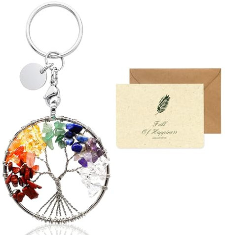SwirlColor Arbre de Vie Porte Clef Original, 7 Chakra Guérir Cristal Arbre de Vie Porte Clef Femme Chic Bijoux Pendentif Porte Clé Porte Bonheur avec Carte (Circulaire)