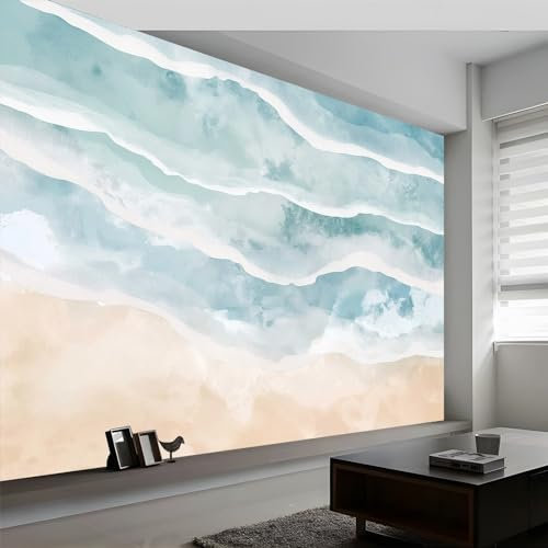Papier Peint Vagues Aquarelles De Plage Abstraites Panoramique 3D Poster Tableaux, Lumière Colorée Photo Muraux Papier Peint 350 x 256 cm (WxH) Murale Pour Salon Chambre à Coucher Maison Décoration