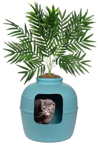 Good Pet Stuff, The Original Kit de démarrage pour litière cachée, pot de litière rond fermé avec plantes artificielles, système de filtre anti-odeurs au charbon ventilé, mousse de fleuriste, facile à