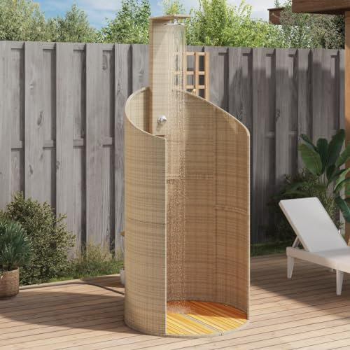Sufrk Doccia Esterno Beige 100x100x241,5 cm Polyrattan e Legno Acacia,Doccia da Giardino,con Pedana e Soffione,Rustico - Doccia da Esterno,per Piscina,Campeggio
