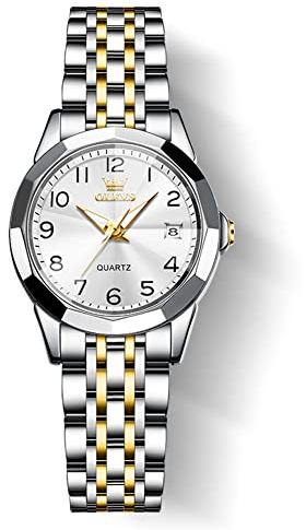 OLEVS Damen Uhr Gold Silber Edelstahlband Analoger Quarz Damenuhr Klassisches Luxus Weiß Kleines Gesicht Arabische Ziffern Diamanten Uhr Damen Leuchtend Wasserdicht mit Datum Watches for Women