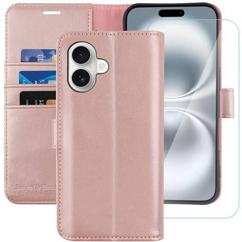 MONASAY Wallet Case for iPhone 16 with 3 Card Holders - Rosegold | With a Kickstand, RFID Blocking, 6.6 feet of shock absorption, PU Leather, Strong Magnetic Closure, Fits 6.1 inch ONLY