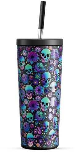 Meoky 24 oz Halloween Tumbler with Lid and Straw, Stainless Steel Vacuum Insulated Tumbler, Keeps Cold for 24 Hours, 100% Leak Proof, Fits in Car Cup Holder (Black Skull)