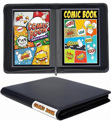 24+ Pockets Comic Book Binder, Top Loading Comic Book Storage Album with 20pcs Sleeves, Premium PU Leather Comic Book Binder Fit for Comic Books (Black)