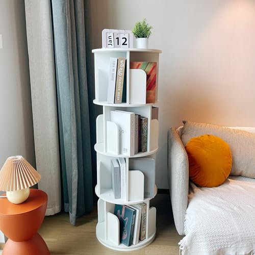 Heehee Massivholz Drehbares Bücherregal, 360-Grad-Display bodenstehendes Lagerregal für Kinder und Erwachsene multifunktionaler Bücherregal-Organizer (4-Stöckig-Weiß)