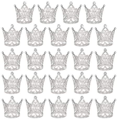 Sourcing Map 24pc Mini Crown Cake Toppers - Alloy Queen Princess Little Silver Tiara Cupcake Heart Shaped with Pearl Rhinestone for Birthday Cake Decor Wedding Party
