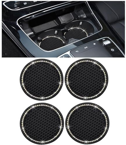 4 Stück Autozubehör Innenraum, Auto Getränkehalter Untersetzer, Universal Auto Getränkehalter Einsatz, Anti-Rutsch Auto Untersetzer für Kaffeebecher, Autozubehör für Frauen, Schwarz/Glitz (Schwarz)