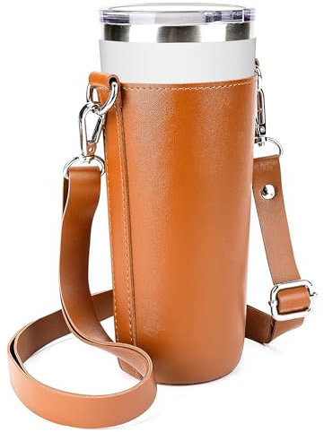 Linkidea Vegan Leather Tumbler Carrier Bag Compatible with IRON FLASK Classic Tumbler 24oz, Simple Modern Classic Collection Tumbler 20oz/24oz, Water Bottles Sling Holder with Strap, Brown