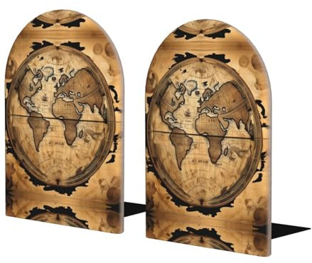 Serre-livres en bois avec base en métal - Motif carte du monde antique - Pour livres lourds