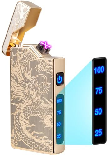 LcFun Feuerzeug Elektrisch Lichtbogen Feuerzeug USB Aufladbar Elektrisches Feuerzeuge mit Batterieanzeige Geschenk für Ihn Männer Papa (Goldener Drache)