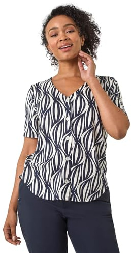 Roman Petite Geo Print V-Neck Stretch Blouse for Women UK - Ladies Everyday Autumn Winter V-Neckline Comfy Soft Evening Vacation Work Party Night Out - Petite Navy - Size 16