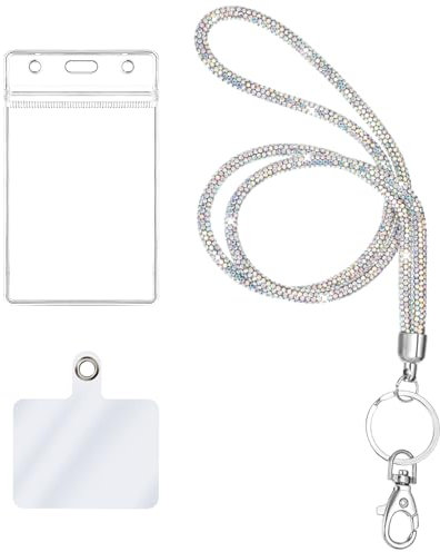 Ymapinc Cordon scintillant avec porte-carte pour femme, avec cristal blanc Ab, porte-badge en strass, cordon pour tour de cou avec porte-cartes, porte-carte en PVC, languette de sécurité pour