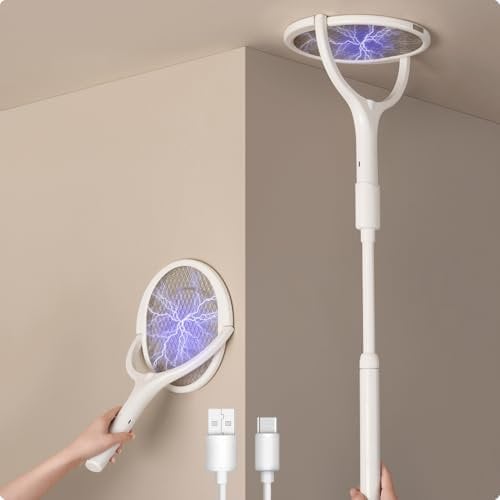 2-Pack GeckoMan Cabeza Giratoria Raqueta Mosquitos Eléctrica Recargable Raqueta Matamoscas Eléctrica Matamoscas Eléctrico Mata Moscas, con 2 Extensiones Telescópicas