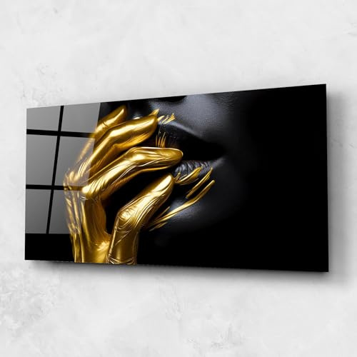 ARTHUB® Glasbild 60x120 cm, 4mm ESG | Moderne Wandbilder aus Glas für Wohnzimmer & Schlafzimmer, Wanddekoration, Wohnkultur, Frauen, Gold Small Hand