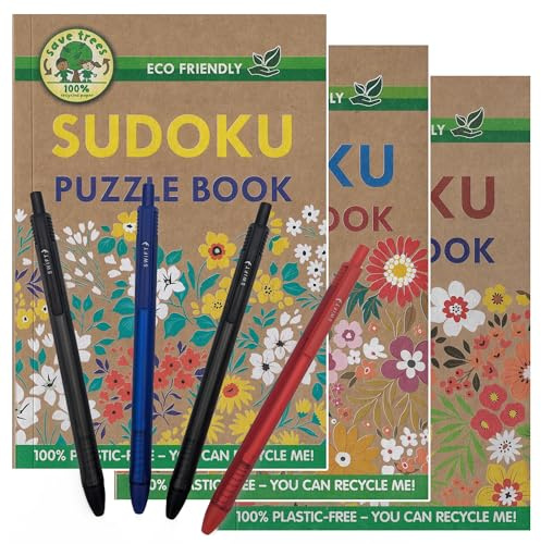 ihoot Ensemble de livres de sudoku A5 respectueux de l'environnement | Livres de puzzle pour adultes et adolescents | 3 sudoku sans plastique plus un lot pratique de 4 stylos | Casse-tête | Plus de