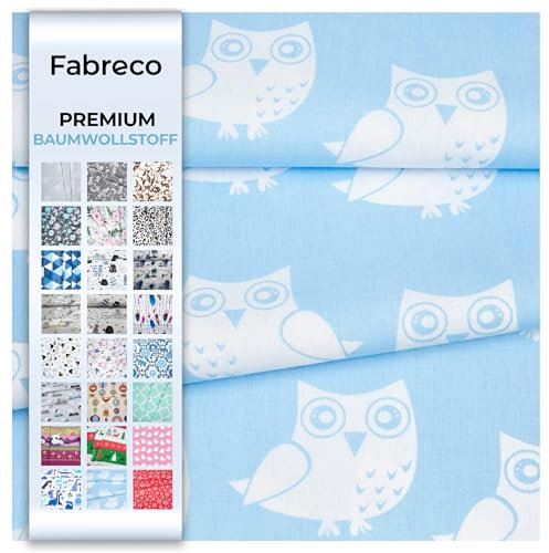 Fabreco - 100% Premium Baumwollstoff Meterware – Ihre Wunschlänge - Eule blau | 220 g/lfm – Weich, langlebig & hautfreundlich | Stoffe Zum Nähen & Dekoration | Stoff Meterware - Fabric
