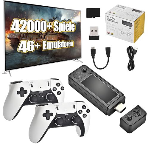 X9 Pro Retro Spielstick 4K mit 2 x 2.4G Wireless Controllern, Vorinstallierte Spielekonsole 42000+ Klassiker 46+ Simulatoren, Plug and Play Retro TV Spiele (128G)