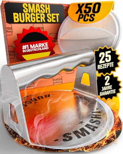 SMASHI® Smasher für Smash Burger aus Edelstahl 304 | Hamburgerpresse + 50 Antihaftpapiere | Professionelles Werkzeug zum Zerkleinern von Hamburgern im Smash-Stil