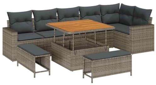 vidaXL 9-teiliges Gartensofa-Set mit Kissen in Grau aus Poly-Rattan und Holz, rechteckig, Bequeme Sitzgelegenheit für 6 Personen, ideal für Terrasse, Patio und Lounge.