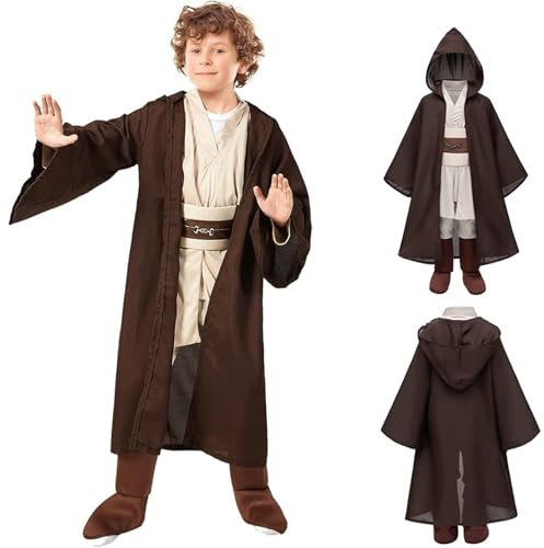 Claofoc Darth Vader Kostüm Kinder Halloween 5PCS Ritter Uniform Kapuzenrobe | 5-teiliges set, kapuzenmantel, tunika, gürtel, hose, stiefelüberzüge, leinenmix, braun beige, s–xl, Karneval, cosplay outfits