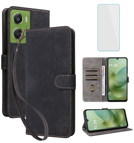 RFID Phone Wallet Case for Motorola Moto G06 Power/Go6 Power/G06/Go6 Black | with Screen Protector,Leather Flip Cover,Kickstand,Women Men Mobile Phone Case for Motorola G06Power Moto G o6 Go 6 Power