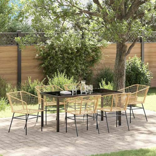 YuuSsea Garten Essgruppe 7-TLG Braun Poly-Rattan, wetterfestes Outdoor Dining Set mit 6 Stühlen und Tisch, langlebige Terrassenmöbel für Balkon und Garten, hohe Belastbarkeit