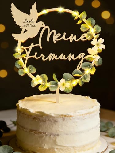 Tortendeko Firmung mit LED Lichterkette, Cake Topper Meine Firmung aus Holz, Eukalyptus Tortenstecker Deko Junge Mädchen Geschenke Gastgeschenke, Elegant Kuchen Deko