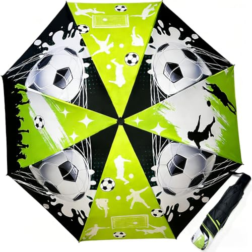 SZJFYMQ Fußball Regenschirm, Taschenschirm für Schulranzen, Fussball Geschenke Jungen Mädchen Einschulungsgeschenke Sturmfest Geschenke zur Einschulung, 98cm