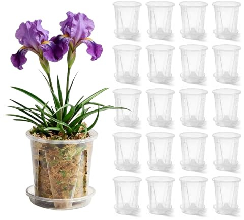 PORFOYO Vaso per orchidee trasparente, 20 pezzi vaso per fiori in plastica con sottovaso, vasi per piante per orchidee, coltivazione di semi e piantine, interno esterno balcone scrivania (10 cm)