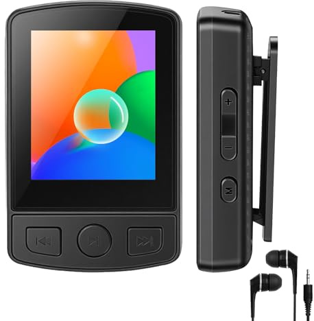 Reproductor MP3 Bluetooth 5.2 - Reproductor de música deportivo de 32 GB con pantalla TFT a color de 1,8 pulgadas con clip, radio FM incorporada, altavoz incluido, auriculares incluidos, ampliable