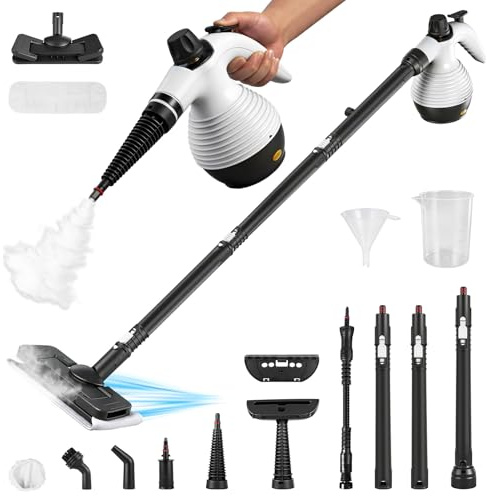 Limpiador a vapor de mano con mopa de vapor extraíble, 1050 W, depósito de 350 ml, limpiador de vapor multiusos con 16 accesorios, limpiador de vapor sin químicos para limpiar suelos, azulejos