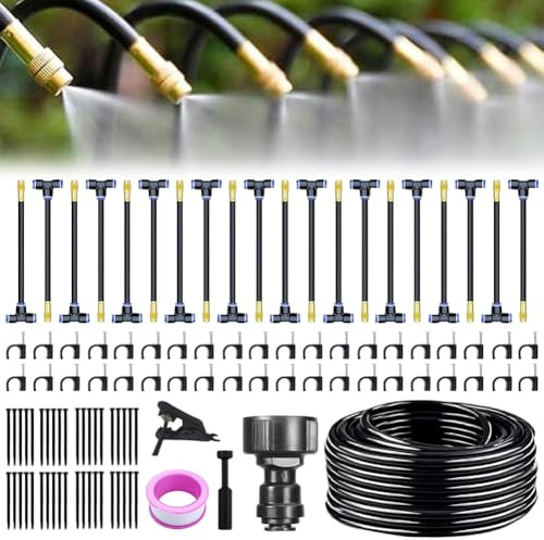 Sistema de riego de jardín de 20 m, juego de riego automático por niebla con 20 boquillas de cobre de nebulización, 360 ° ajustable, manguera de riego automático para césped, invernadero, balcón y