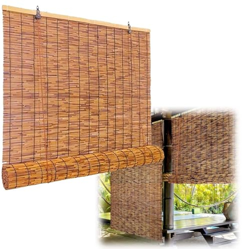Bambusrollo Balkon Wetterfest Natur Bambus Rollo 40~165cm Breite Aussen Schilf Vorhang Sonnenschutz Fenster Sichtschutz Terrasse Raffrollo Jalousine(Brown,70W x 150H cm)