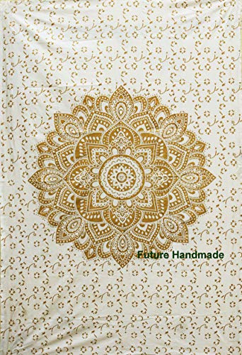FUTURE HANDMADE Blanco Dorado Loto Mandala Tapiz 100% de algodón, manta de decoración de hogar, 100% algodón