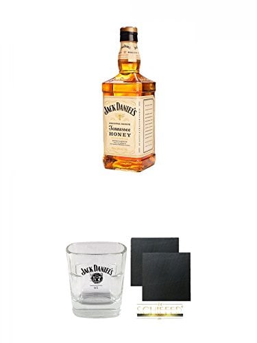 Jack Daniels Honey Whisky Likör 1,0 Liter + Jack Daniels No. 7 Glas mit Eichstrich 2 und 4 cl 2 Stück + Schiefer Glasuntersetzer eckig ca. 9,5 cm Ø 2 Stück