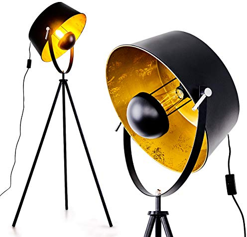 Stehlampe Jupiter, Vintage Stehleuchte in Schwarz/Gold aus Metall m. Gestell aus Metall, Ø 40cm, E27-Fassung, verstellbare Bodenleuchte im Retro-Design, ohne Leuchtmittel
