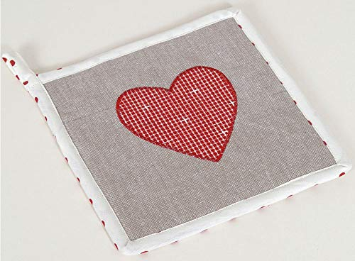 matches21 Topflappen Untersetzer Landhaus Premium ROSI grau & Herz-Applikation in rot Hitzeschutz Küche 20x20 cm 1 STK