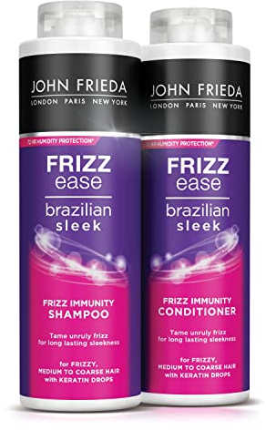 Frizz Ease Brazilian Sleek Frizz Immunity Shampoo & Conditioner Set 2 x 500 ml für krauses, mittelgrobes bis grobes Haar mit Keratin-Tropfen für langanhaltende, glatte Ergebnisse, große Packung