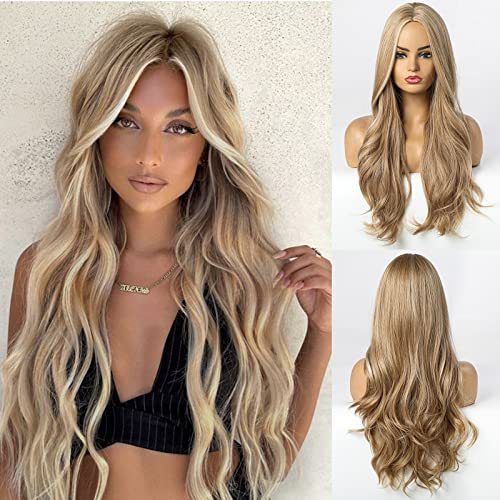 HAIRCUBE Mittelteil Lange Welle Mode Lockige Perücke Natur Hitzebeständige Synthetische Faser für Frauen Party Cosplay Kostüm Tägliche Perücke (braunmittlere Teilung)
