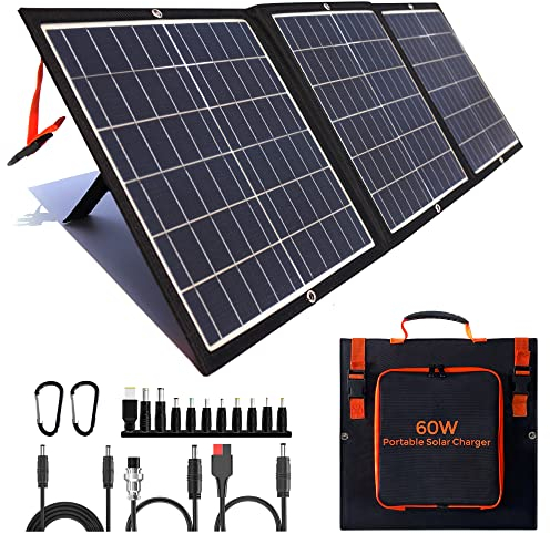 POWOXI Panneau solaire portable 60 W pour station d'alimentation, étanche IP65, sortie pliable 5 V-20 V CC, avec béquille réglable, chargeur solaire avec sorties USB pour téléphone, camping,