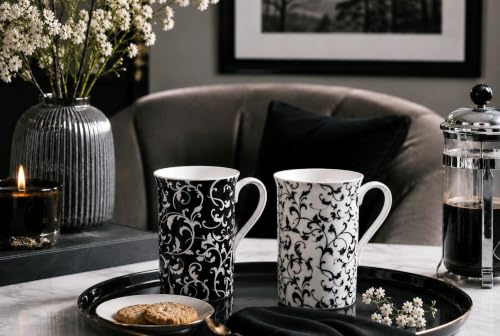 Venetian Black & White Mugs Set of 2 Fine Bone China Swirl & Leaves Cups Hand Decorated in UK