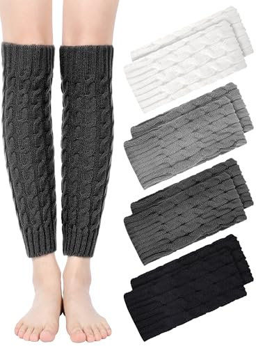 4 Pairs Leg Warmers Knitted Crochet Long Boot Socks for Women Girls, White, Gray, Light Gray, Black, One Size