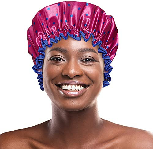 Bodylife Shower Cap Reusable Bath Cap Dual layered Waterproof Hot Pink & Blue Polka Dot 27cm