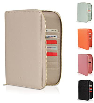 DELOA ® U-Heft, Reiseunterlagen & Familien Organizer - 3 in 1 Dokumententasche mit Fach für Impfpass und Reisepass in Saffiano Kunstleder (Taupe)