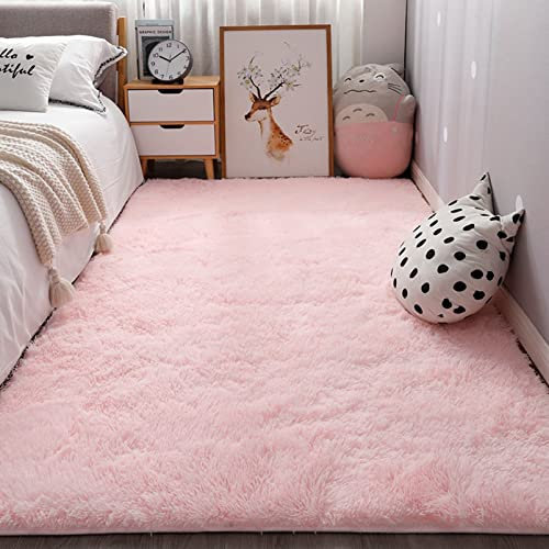 GOUER Shaggy Teppich 120x140cm Niedliche Seidig Glatte luxuriöser Teppich für Spielmatte für Kinder Baby Mädchen Schlafzimmer Kinderzimmer, Rosa