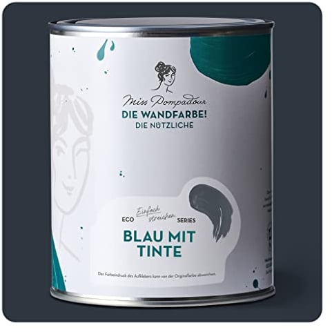 MissPompadour abwaschbare Wandfarbe Blau mit Tinte 1L - hohe Deckkraft & Ergiebigkeit - matte, scheuerbeständige Innenfarbe - geruchsarm, wasserbasiert, atmungsaktiv - Die Nützliche