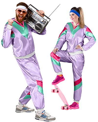 Balinco – Trainingsanzug 80er & 90er Jahre Outfit Retro Unisex – Assi Kostüm für Herren & Damen für Karneval, Fasching, Bad Taste & Mottopartys –Tracksuit Jacke & Hose Größe S-XXL – Lila-Grün-Pink