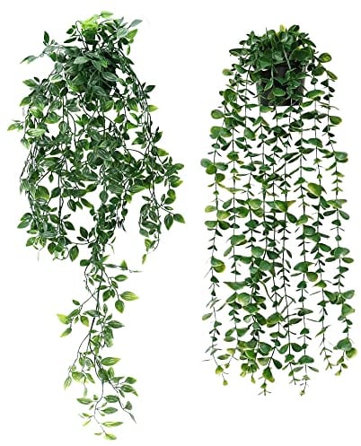 KingYH 2 Stück Künstlich Hängend Pflanzen Rebe 87cm Kunstpflanze Eukalyptus Blätter im Topf und 55cm Kunstpflanze Ivy Grün Blätter für Garten Hochzeit Party Festival Balkon Wand Hängekorb Deko